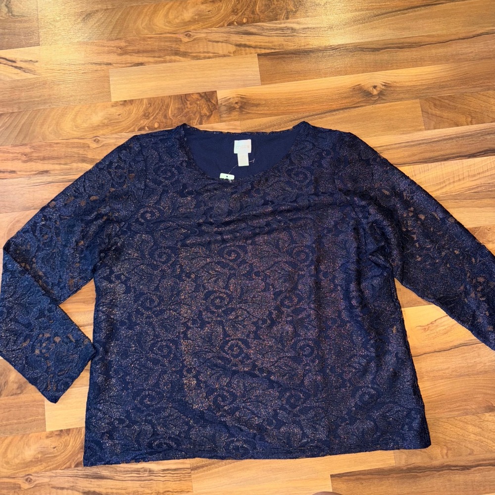 Chicos Foil Lace Top Long Sleeve Knit Navy Blue‎ Size 2 holiday work office NWT